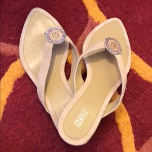 Clear plastic kitten heels suede tan flip-flops